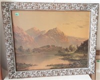 Vintage Mountain Scene Print w/ornate frame