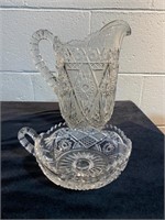 EARLY CUT GLASS PITCHER AND MATCHING DISH