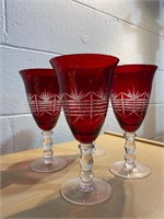 SET OF 4 ETCHED RED GLASS WATER GLASSES- WITH BOX