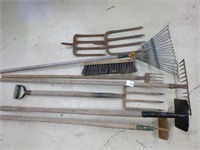 Garden Tool Lot w/Forks, Rakes, Hoe