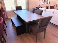 DINING TABLE, WOOD BENCH & 4 CHAIRS