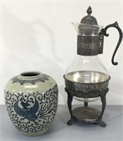 Coffee Carafe & Ceramic Vase w/Bird