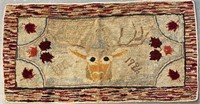 FOLK ART HOOKED RUG WITH STAGS HEAD, DATED 1926