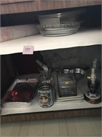Contents in Cabinet, Pie Pans, Oil Lamp & Misc