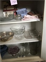 3 Shelves of Glass Bowls, Paisley Cake Stand &