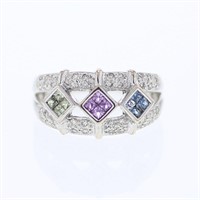 14KT White Gold 0.45ctw Multi Color Sapphire and D