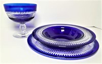Blue Cut To Clear Plates and Footed Bowl