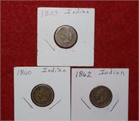 (3) Indian Head Pennies 1859, 1860 & 1862