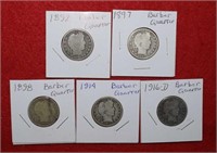 (5) Barber Quarters 1892 to 1916-D Mix