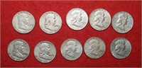 (10) Franklin Silver Half Dollars 1952 to 1963 Mix