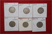 (6) Liberty V-Nickels 1907 to 1912-D Mix