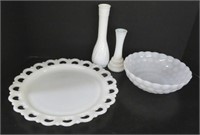 Milk glass decorative items-platter-bowl-2 vases