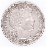 Coin 1901-P Barber Silver Half Dollar In XF / AU