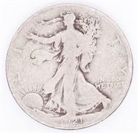 Coin 1921-D Walking Half Dollar In G / VG