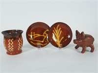 Rat River Pottery Pig whistle, mini plates & vase