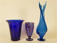 3 blue art glass vases