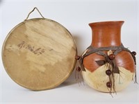 Native American pottery vase & drum