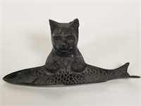 Bronze cat with fish desk pen tray