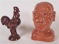 Redware rooster by Kathy & a clay bust