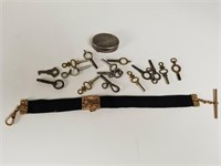 Pocket watch keys, ribbon chain & pill box