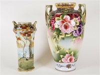 2 Nippon hand painted handled vases