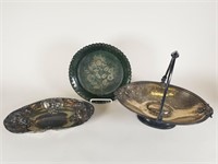 Pottery pie dish & 2 silver plated dishes