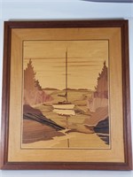 Marquetry art, inlaid wood sailboat