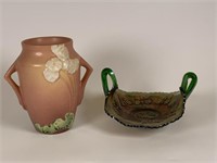 Roseville Handled Vase & carnival glass