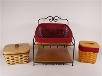 Longaberger bakers rack and 3 baskets