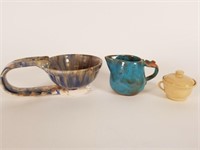 Pottery cup, miniature pitcher & bowl