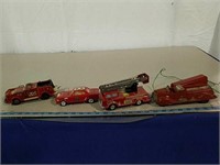 3 small vintage fire truck and car