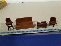 Cast iron doll furniture and wood doll couch