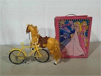 Toy horse, bicycle and Barbie case