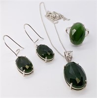 3 Pc. Oval Jade Sterling Silver Jewelry Set