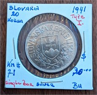 1941 Slovakia 20 Korun Silver Coin (U)