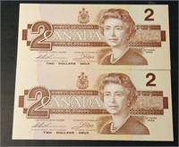 2 Consecutive 1986 Bank of Canada $2 Notes