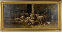 Rob Niel Antique Painting Sheep & Roosters