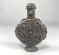 Chinese Silver, Turquoise, & Coral Snuff Bottle 3"