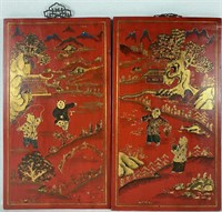 (2) Vintage Red Lacquer Hand Painted Panels