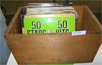 WOODEN APPLE CRATE W/APPROX. 33 MUSIC RECORDS