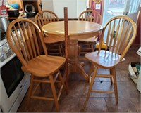 OAK HIGH TOP DINING SET, TABLE & 4 SWIVEL CHAIRS