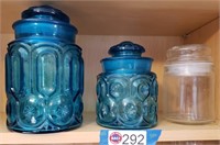 (2) BLUE GLASS CANISTERS & (1) CLEAR GLASS
