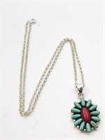 925 Sterling Silver Turquoise and Coral Pendant +
