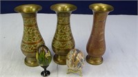 (3) Brass Toned vases & (2) Decorative Eggs