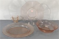 Pink Depression Glass Plates, Bowl, Sugar