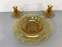 Amber Glass Flower Bowl & Candle Holders
