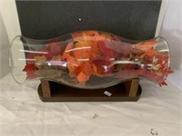 glass piece with wood stand with fall decor