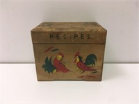 Old Wooden Recipe Box with Fighting Roosters