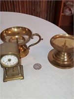 VINTAGE BRASS CLOCK AND 2 BRASS CANDLE STANDS