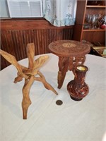 MINI CARVED WOOD TABLE, TRI-STAND AND BASKET